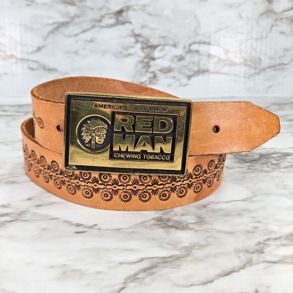 Vintage Red Man Chewing Tobacco Brass Belt Buckle & Handmade Leather Belt 1983